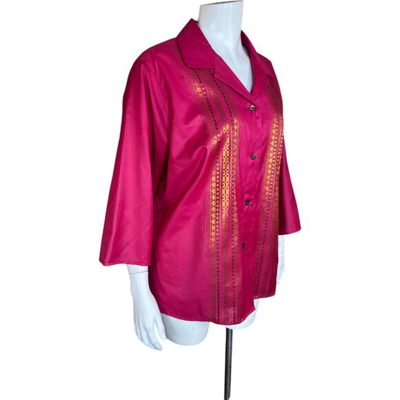 Liz Claiborne Woman XL Pink Button-Up Gold Metallic Details 3/4 Sleeve Blouse - Picture 8 of 11